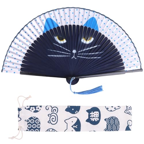 DERAYEE 扇子 団扇 うちわ 折り畳み 竹製 和風 夏 ミニ扇子 おしゃれ 手持ち お祭り 花火大会用 和小物 プレゼント 綺麗 和装小物 和風 上品 華やか (紺色の猫, 21x38cm)