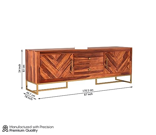 Image of Premium Solid Sheesham Wood TV Unit with 2 Drawers, 4 Shelves, and 2-Door Storage - Accommodates up to 65-Inch TV - Ideal for Living Room (Asher, Honey Finish)