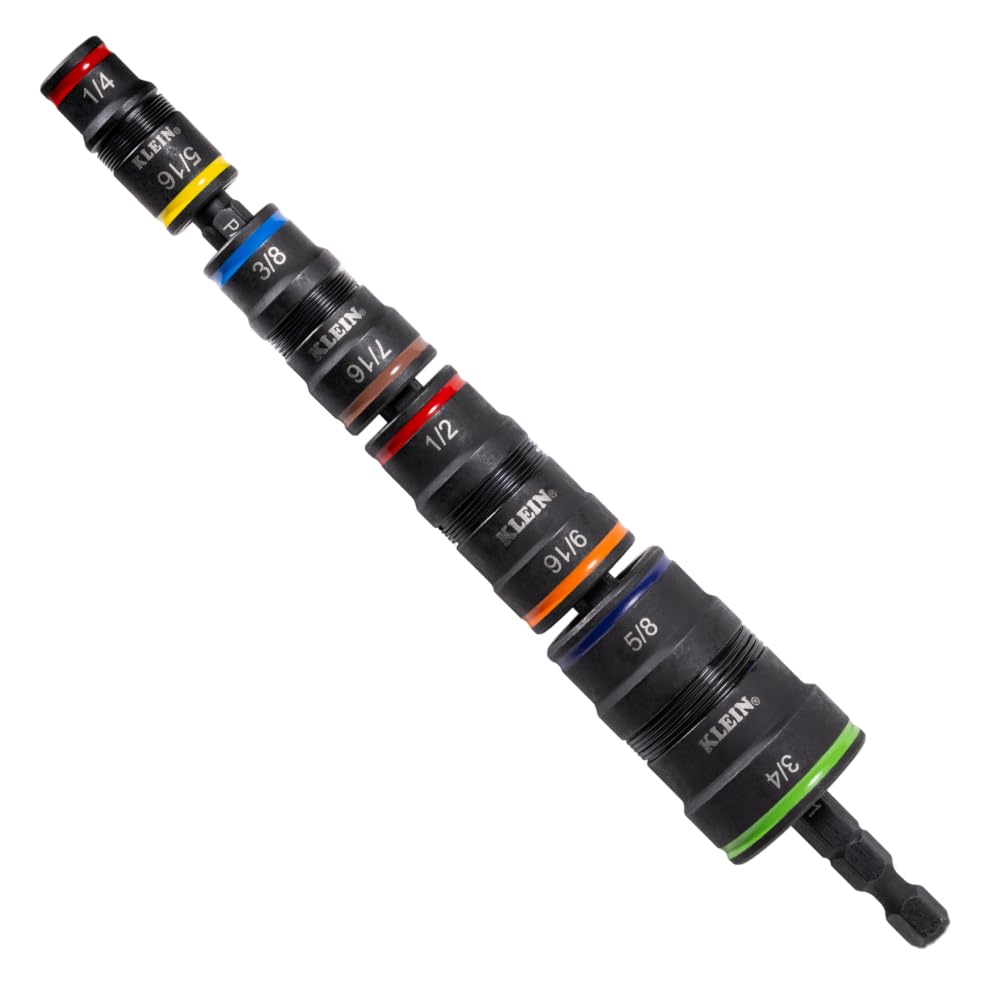 Klein Tools 32934 Impact Driver, 9-in-1 SAE Impact Socket Set, 4 Flip Sockets with 8 Hex Driver Sizes and 1/4-Inch Bit Holder, Impact Rated 6-1/2-Inch Shaft