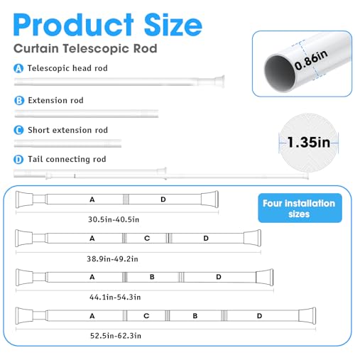 Image of MEXAU 2 Pack Spring Tension Curtain Rods 31-62 In White Shower Curtain Rod