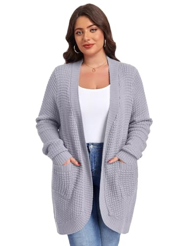 Image of LARACE Long Cardigans for Women Plus Size Tops Open Front Sweaters with Pockets Waffle Ribbed Sleeve Loose Fall Outwear