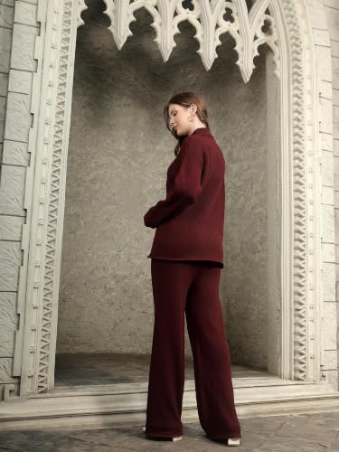 Image of Kvetoo Women Winter Coord Set Wool Blend High Neck Sweater and Wide Leg Pants Warm Tracksuit Pajama Set Two Piece Knitwear Travel Wear for Lounge Casual Office
