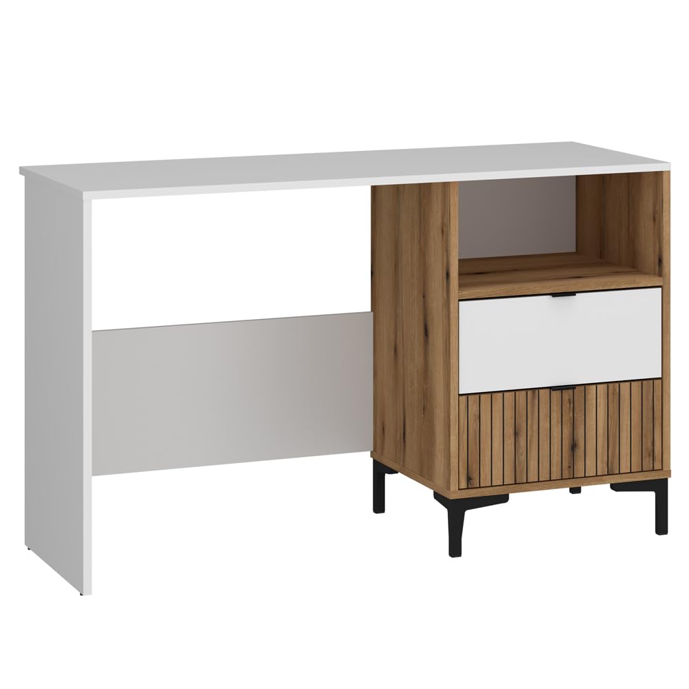 Lomadox Jugendzimmer Komplett Set 6-teilig mit Schreibtisch, Kleiderschrank, Nachttisch, Kommode, Wandregal und Bett 120x200 cm in Eiche mit weiß