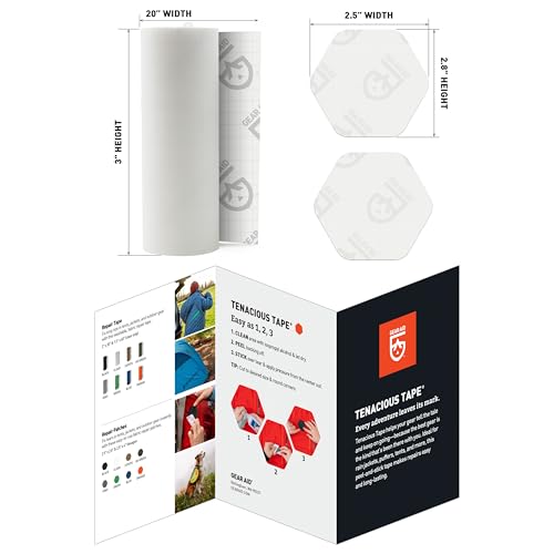 Image of GEAR AID Tenacious Tape 3 inch x 20 inch Nylon Repair + 2 Hex Patches, Clear | Peel-and-Stick Repair Tape That Fixes Holes and Rips in Puffy Jackets, Rain Gear, Tents, Sleeping Bags and Outdoor Gear.