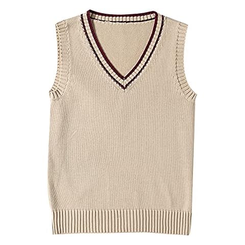 WOOKIT Women Men Girls Boys Knitted Sweater Vest, Unisex V-Neck Sleeveless Cotton Jumpers, Stylish Vintage Gilets, Classic Striped Pullover for Spring Autumn Winter-XL Apricot Cover
