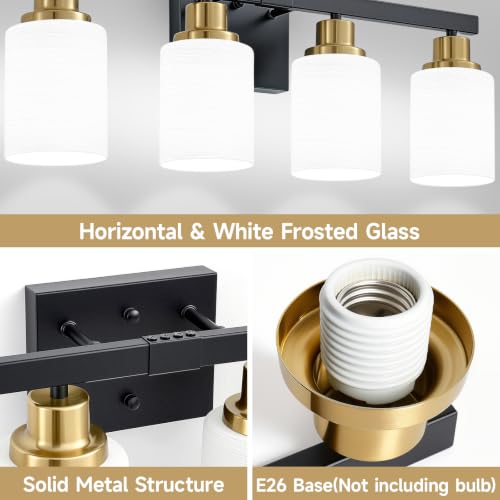 Image of Black and Gold Bathroom Light Fixtures 4-Light Vanity Lights 24in | White Frosted Ribbed Glass Shade Bathroom Vanity Lights Bathroom Lights over Mirror Wall Lamp for Restroom E26 Base