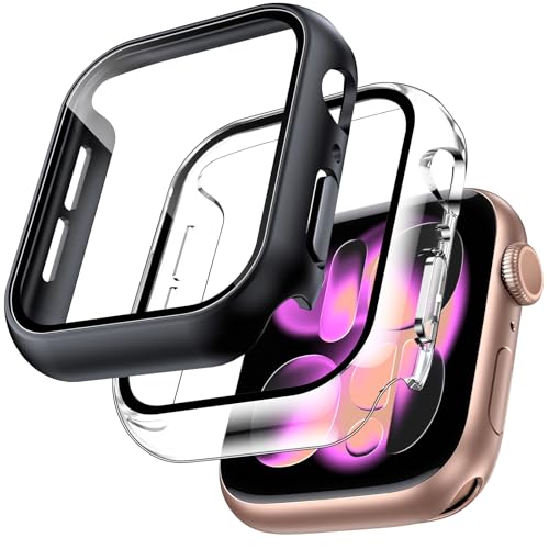 TOCOL 2 Stück Case für Apple Watch Series 11 / Series 10 Hülle 42mm Eingebaute Schutzfolie aus gehärtetem Glas Berührungsempfindlich Anti-Bläschen Stoßfest Kratzfest Schutz Schwarz/Transparent
