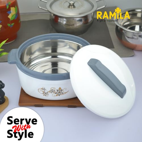 Image of 1500ml Ramila Brand Insulated Inner Steel Casserole for Roti, White | Hot Pot for Home | Hot Box for Kitchen |Chapati Box | Locks in The Cold & Heat for Long | Serving Bowl with Lid