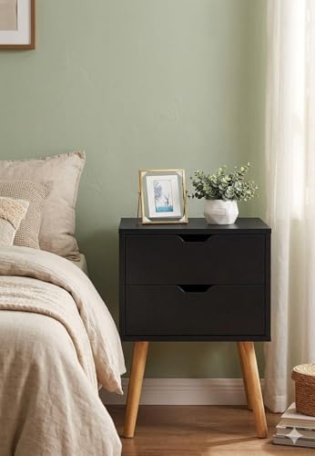 Image of Modern White Bedside Table with 2 Drawers & Wooden Legs | Compact Nightstand for Bedroom | Scandinavian Style Side Table with Storage for Home Living Room (Black, 2 Drawer)