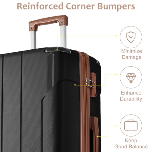 3-Piece Expandable Hard Shell Luggage Set for Travel, Lightweight and Durable Design, Includes 20/24/28 inch Sizes, Black Brown3