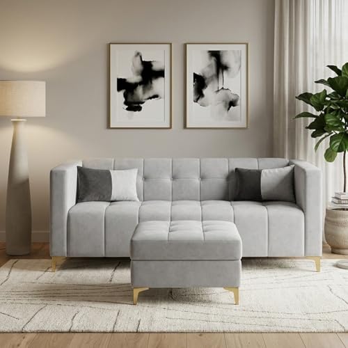 Image of FURNY Homeliving 4 Seater L Shape Sofa Set with Movable Ottoman & Golden Legs | Flexible Left or Right Layout | Plush Velvet Fabric (Light Grey) | Perfect for Living Room, Guest Room & Office