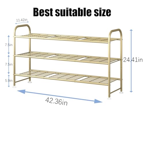 Image of LINZINAR Shoe Rack Long 3 Tier Shoe Storage Organizer Metal Wide Shoe Shelf for Closet Entryway Bedroom 24 Paris Large Capacity, Gold