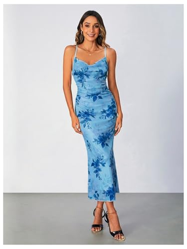 Image of SOLY HUX Women's Floral Mesh Bodycon Cami Dress Cowl Neck Sleeveless Cocktail Party Wedding Guest Long Maxi Dresses