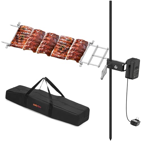 onlyfire Rotisserie Grill Kit Adjustable Spit Roaster with Cordless Motor for Outdoor Camping, Fire Pits, Campfires, Charcoal and Gas Grills - Include Power Adapter and Carrying Bag