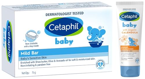 Image of Cetaphil Baby Cream, Face & Body Moisturizing Cream | Advance Protection | Gentle & Soft with Organic Calendula 85gm&Cetaphil Baby Mild Bar 75gm, Kids Soap for Bath, White, Medium