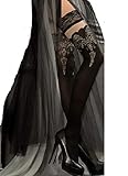  Schöne schwarze Halb durchsichtig halterlose Strümpfe mit gestickten Tops von 220 Ballerina, Schwarz, Small / Medium