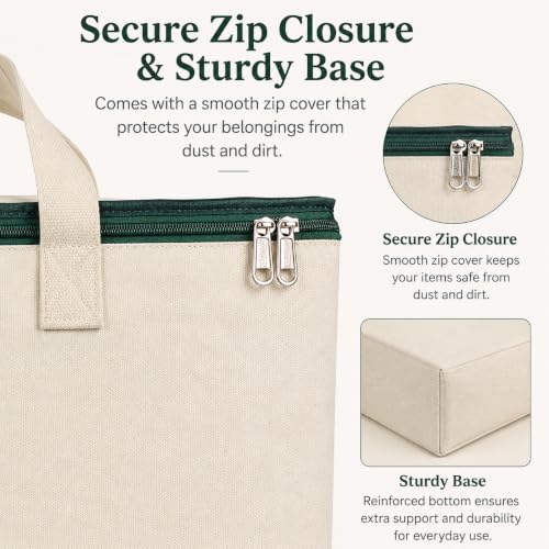 Image of DOUBLE R BAGS Multipurpose Clothes & Grocery Storage Organizer with Reinforced Cotton Handles, Zip Cover & 1 Compartment - Heavy Duty Canvas Bags (Green, 43x27.9x43 cm, Pack of 2)