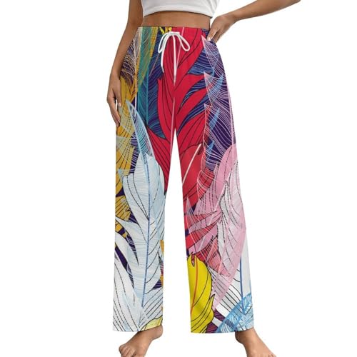 Pantalon de pyjama femme plumes colorées bas de nuit doux avec poches taille S