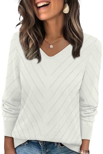 WIHOLL Womens Sweaters Dressy Casual Lightweight Long Sleeve Trendy Fall Tops V Neck Business Casual Outfits Travel Vacation Clothes Soft Cozy Warm Knit Spring Outfits Pullovers White M