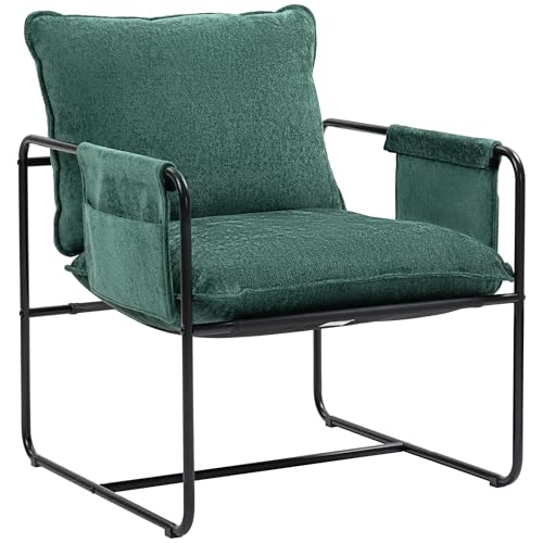 HOMCOM Modern Accent Chair, Chenille Armchair with Side Pockets and Steel Frame, Upholstered Reading Chair for Bedroom, Living Room, Green