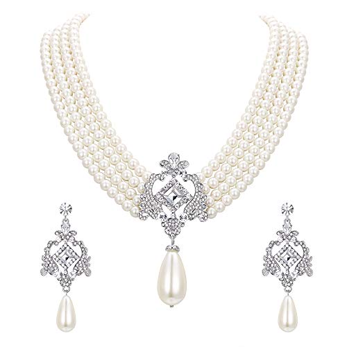 EVER FAITH Crystal 4 Layers Simulated Pearl Elegant Vintage Inspired Chandelier Necklace Earrings Set