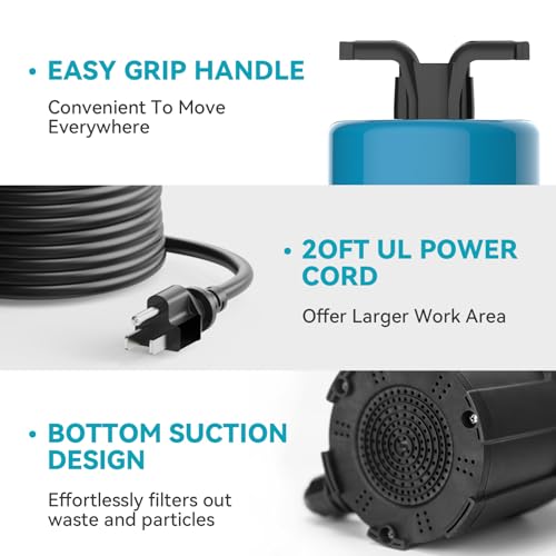 Image of Automatic Water Pump, 2250GPH Sump Pump Submersible Basement Portable Electric Utility Water Pump Removal for Pool Draining Basement Hot Tubs Garden Pool Cover Pond, Deep blue