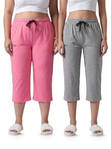 Image of Fflirtygo Women's Cotton Plain Calf Length Capri | Nightwear Short Pyjama | 3 /4th Solid Pyjama Pant | Regular Fit Casual & Lounge Wear Capri Combo (Pack of 2)