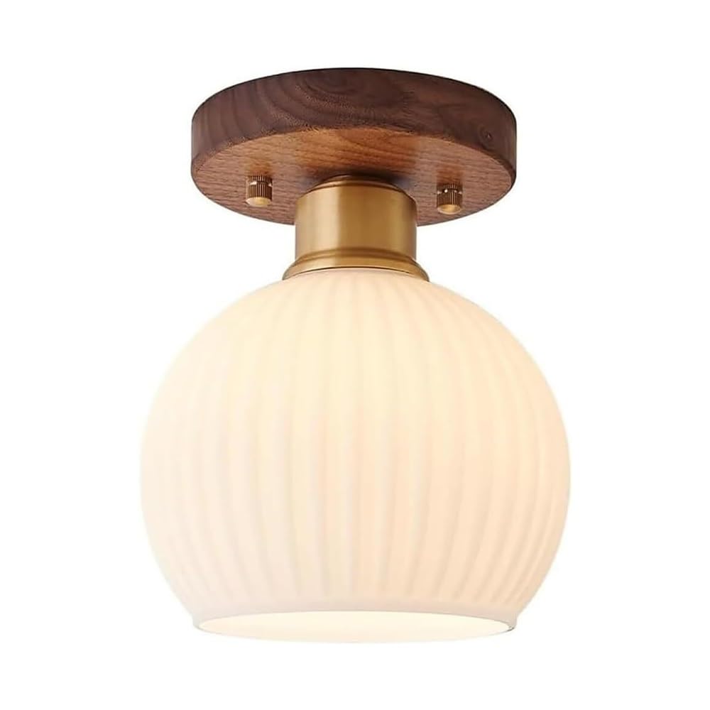 MESOVFCA Japanese Style Ribbed Glass Flush Mount Ceiling Light 7.1-Inch Walnut Wood Base 5.9-Inch Pleated Globe Shade for Bedroom Hallway Entryway Gold Metal Neck E26 Base Nordic Style