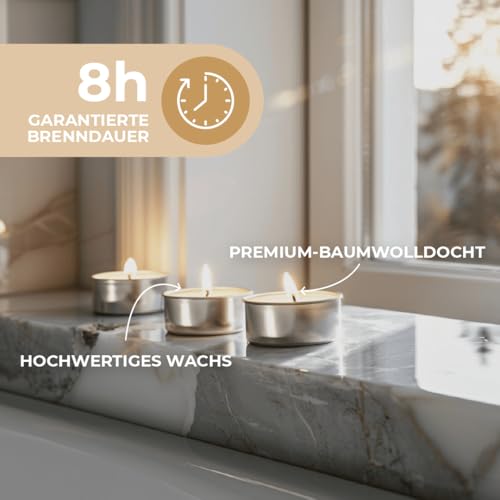 Horeca Candles - Teelichter 8 Stunden Brenndauer - Weiß - 50 Stück - Im Beutel - Aluhülle - Kerzen zum Feiern, Deko, Hochzeit, Gastro, Party - Unparfümiert - Premium Qualitä