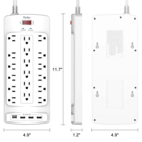 Image of Surge Protector Power Strip, Yintar 10 Feet Flat Plug Heavy Duty Extension Cord with 18 Widely Outlets and 4 USB Ports, 2100 Joules, ETL Listed, White