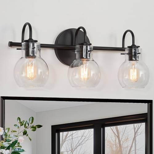 Image of LALUZ Black Bathroom Vanity Light Fixtures, 3-Light Matte Black Farmhouse Vanity Lights with Clear Glass Globe, 22'' Modern Bathroom Lighting Lights Over Mirror