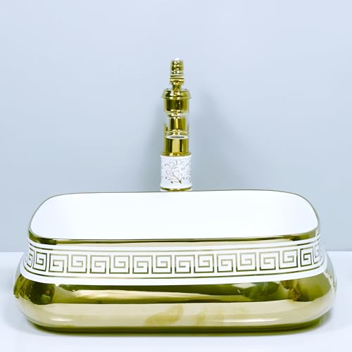 Image of LUXART Luxury Ceramic Vessel Sink | Premium Golden Greek Key Pattern | 18 x 14 x 5 IN Tabletop Countertop Wash Basin for Bathroom, Vanity & Hotel