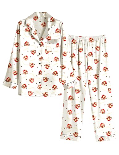 Ekouaer Women Satin Pajamas Set Classic Button Down Long Silk Pjs Set,X-Large,Chirstmas Teddy
