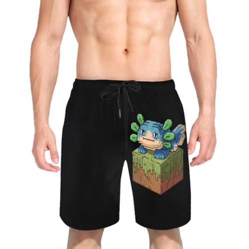 Cute Blue Pixel Axolotl Mens Swim Trunks Boys Quick Dry Board Shorts with Mesh Lining3