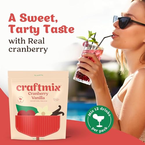 Image of Craftmix Cranberry Vanilla Cocktail & Mocktail Drink Mixer, Pack of 12 | Skinny Mixes, Water Flavoring Packets, Made with Real Fruit, Vegan Low-Carb, Low-Sugar, Non-GMO, Dairy Free, Gluten Free