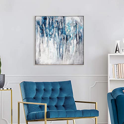 Utop-Art Large Abstract Wall Art Painting: Navy Blue Modern Artwork Gray Picture With Silver Foil On Canvas For Office Living Room Decor (36” X 36” Framed) #TOP6