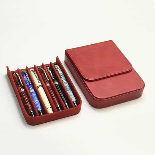 Image of 6Slots Leather Fountain Pen Case Collector Organizer - Handmade Pen Case Vintage Crazy Horse Print Leather Pen Protective Sleeve Cover Pen Storage Gift Box (6slot-Red)
