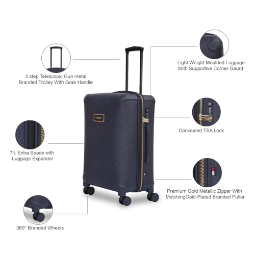 Image of Tommy Hilfiger Jazz Cabin Soft Luggage - Navy |Check-in Trolley Bag with TSA Lock | 360 Spinner Double Wheels | Telescopic Handle | Expandable | Polyester Shell Suitcase | 42L Capacity | 56cm