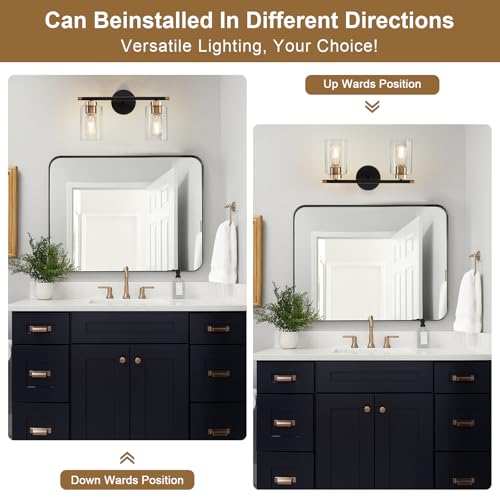 Image of Black Bathroom Light Fixtures, 2-Light Bathroom Vanity Light Over Mirror, Modern Matte Black Wall Sconce Lighting Bath with Clear Glass Shade, Vanity Lights for Mirror Bedroom Living Room