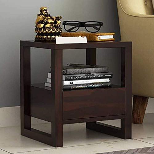 Image of Sheesham Wood Bed Side Table with 1 Drawer & Shelf Storage Wooden Nightstand End Table for Bedroom Home (Walnut)