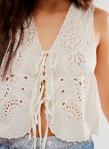 Peaceglad Womens Vest Top Trendy Floral Embroidered Eyelet Tie Front Tops Fashion Crochet Lace Hollow Out Vests2