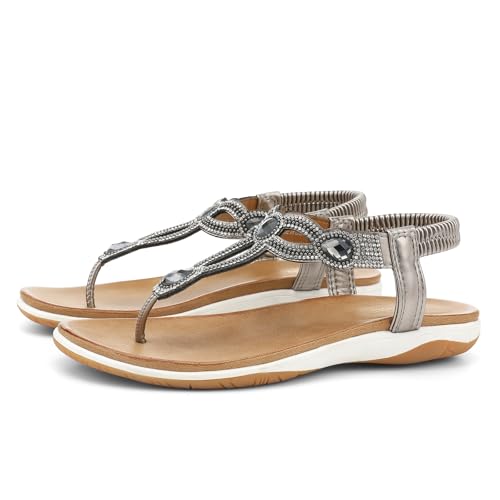 Image of UBFEN Womens Flat Sandals with Arch Support - T-Strap Thong Sandals with Elastic Back Strap, Comfortable for Walking, Bling, Rhinestone, Dressy