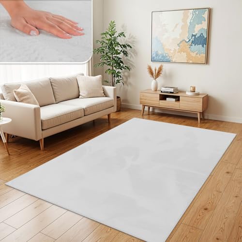 TT Home Wohnzimmer Teppich Hochflor Langflor Kunstfell Weich Modern Unifarben Flauschig, Farbe:Weiß, Größe:120x160 cm