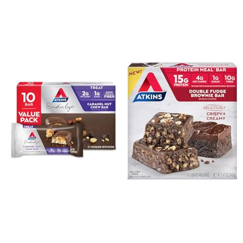 Atkins Endulge Caramel Nut Chew Bar, 10 Count and Double Fudge Brownie Protein Meal Bar, 15g Protein, 5 Count