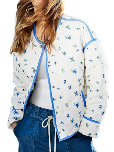 Tankaneo Womens Floral Cropped Quilted Jackets Lightweight Fall Casual Coats Color Block Printed Winter Outerwear