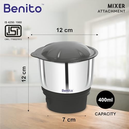 Benito ECO Stainless Steel Chutney Jar(400ml) for Mixer Grinder – Compatible with 4-Teeth Coupler & Dual Locking System view 2