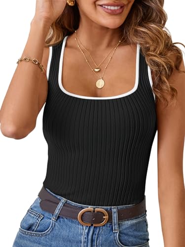 MEROKEETY Women's Sleeveless Square Neck Tank Tops 2025 Slim Fitted Color Block Knit Shirts Summer Basic Sweater Vest
