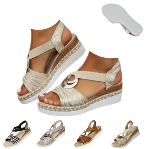 Womens Leather Platform Wedge Orthopedic Sandals Open Toe Ankle Strappy Vintage Lightweight Platform Sandals Casual (beige,26.0 