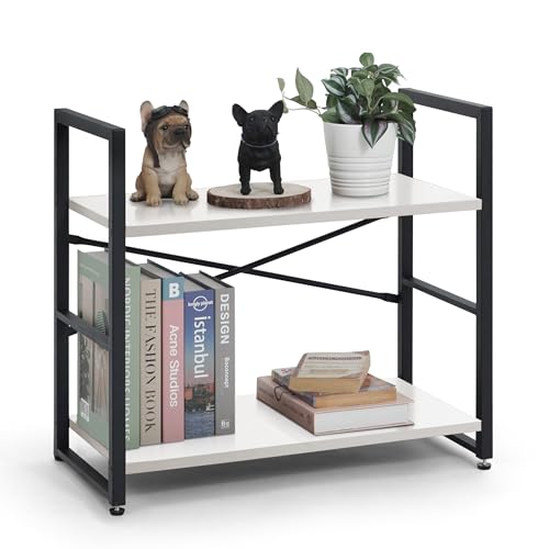 Image of CAPHAUS 2 Tier Small Bookshelf, 24 Inch Width Free Standing Shelf, Bookcase Shelf Storage Organizer, Industrial Book Shelves for Home Office, Living Room, White Shelves & Metal Frame