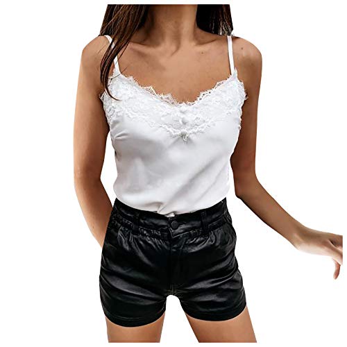Canottiera Donna Estiva Raso Moda Spaghetti Canotte Sexy Scollo a V in Pizzo Elegante Leggera Base Canottiere Seta Casual Maglietta Bluse Senza Maniche Chic Curvy Semplice Sottogiacca Tank Top Shirt